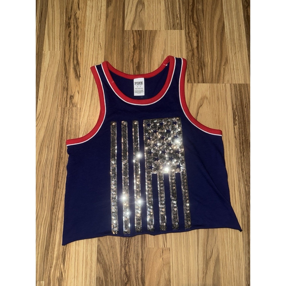 Victoria Secret PINK USA Women's XS Bling Fourth Of July Tank Top Cut Bottom Hem